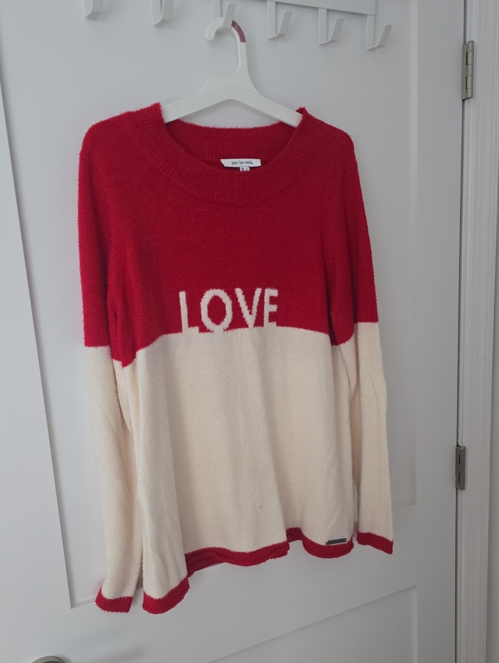 Peace Love World Two-Tone 'LOVE' Crewneck Sweater - Red & Cream
